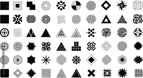 Abstract geometric shape icon set featuring modern symbols, patterns, minimal forms, and decorative graphic elements