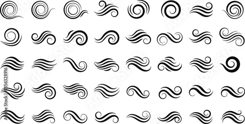 Wind swirl and wave line icon set with flowing curves representing air, motion, breeze, and abstract energy