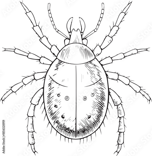 Predatory mite Hand-drawn Sketch Drawing Vector Illustration, Line Linear Symbol Engraving Coloring Book, Black and White Isolated