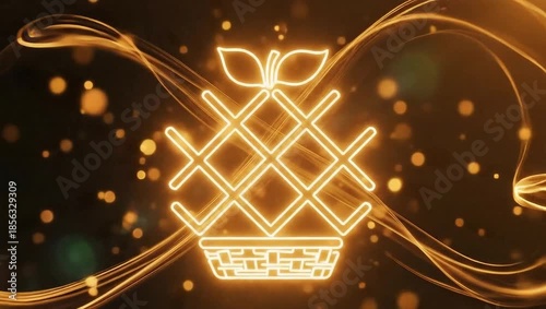 Glowing Neon Icons of Drinks and Fruits on a Dark Background with Golden Particles and Light Trails.