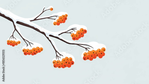 Snow-covered branch with vibrant orange berries in a serene winter landscape viewed from a close-up perspective