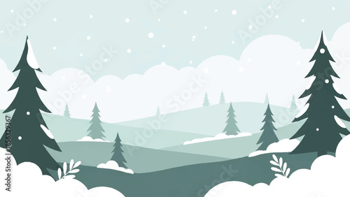 Snowy landscape illustration featuring evergreen trees and rolling hills from a distant viewpoint