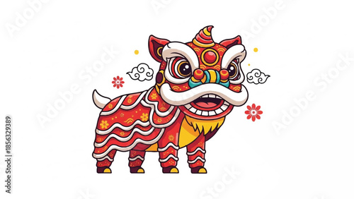 Vibrant lion dance performance during Chinese New Year celebration in a festive atmosphere from a front viewpoint