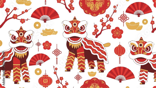 Vibrant Chinese New Year celebration illustration featuring lion dance masks, fans, and lanterns in a festive pattern