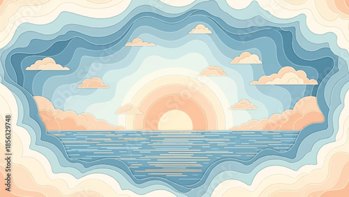 Serene ocean landscape with sunrise, water waves, and layered clouds in a dreamy illustration