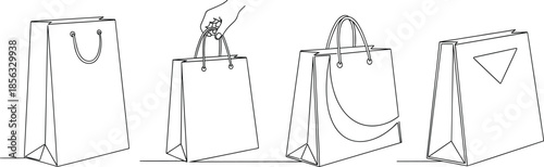 Shopping bag outline illustration set featuring retail packaging, paper bags, consumer purchases, and modern shopping concepts