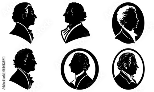 Six black and white silhouette portraits of men in historical attire with transparent background