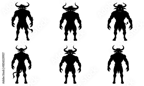 Six Demon Silhouettes with Horns and Tails on White Background black