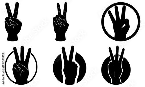 Hand Gestures Silhouettes with Peace Signs and Fingers Spread on White Background black and white