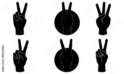 Hand Gestures Peace Sign Silhouettes on Transparent Background black and white