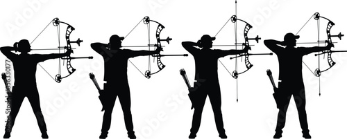 Archer silhouette icon set showing archery poses with bow and arrow for sport, hunting, and medieval themes