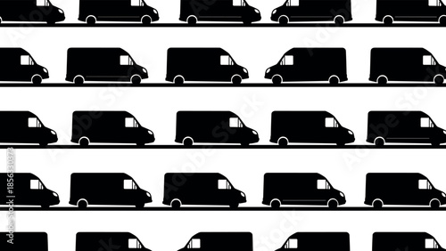 Black silhouette vector illustration of delivery vans in various sizes and side profile views for shipping, logistics, and transport design