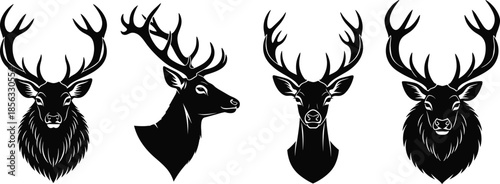 Deer head silhouette icon set featuring stag and buck portraits with antlers for wildlife and hunting designs