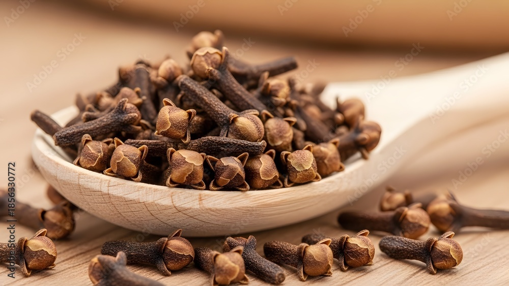 Obraz premium Dry aromatic organic cloves spice in wooden spoon close up.