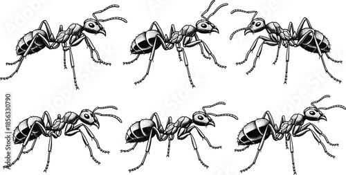 Ant illustration icon set featuring detailed hand drawn insect silhouettes symbolizing teamwork, strength, diligence, and nature concepts