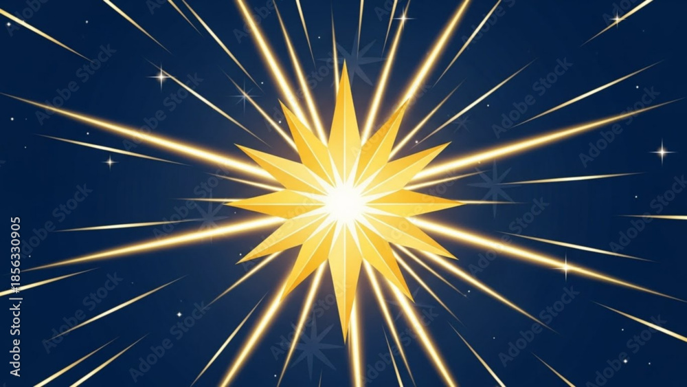 Fototapeta premium Bright yellow starburst with rays on dark blue background with stars, shining light effect, radiant beam, explosion, glow, illustration, graphic element, dynamic energy