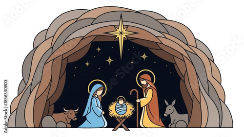 Nativity scene with mary, joseph, baby jesus, donkey, ox, and star of bethlehem in a manger, christmas religious iconography