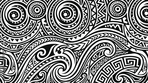 Abstract black and white tribal geometric seamless pattern with swirling waves, circular motifs, bold line art, ethnic ornamental background design