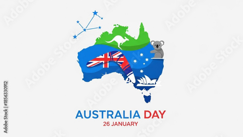 Australia day celebration on january 26th with map, flag, koala and stars