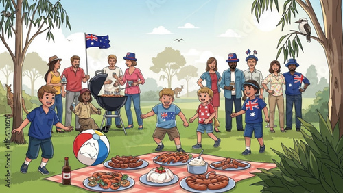 Australian multicultural community gathering outdoor barbecue people having fun with kids playing games and eating food on picnic blanket sunny day