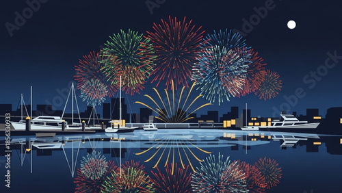 Fireworks exploding over boats in harbor at night with city skyline and full moon