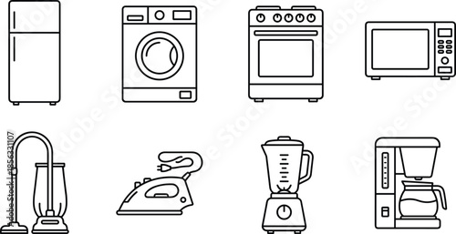 Minimal household appliances icon set featuring refrigerator washer oven microwave vacuum iron blender coffee maker in clean black and white outline style