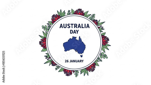 Australia day celebration logo with floral wreath and map on white background for holiday and event promotions