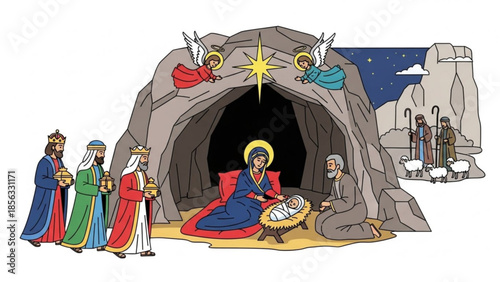 Nativity scene with mary, joseph, baby jesus, angels, three wise men, shepherds, and sheep in a cave at night with a bright star shining