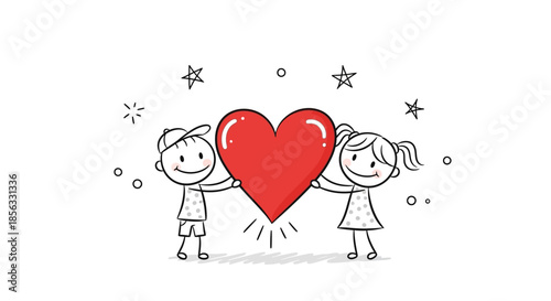 Two stick figures holding a big red heart together showing love and affection.