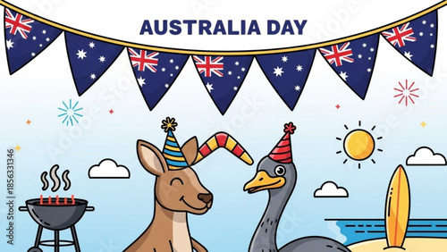 Australian wildlife celebrating australia day with barbecue and party hats on beach