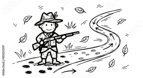 Hunter with Rifle on Trail - Cartoon Illustration.