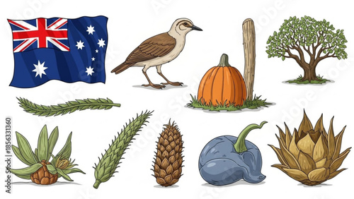 Australian native plants and symbols, including a kookaburra bird, pumpkin, tree, and various flora, with the australian flag