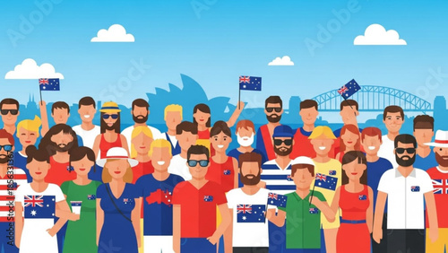 Diverse group of people celebrating australia day with flags and sunny cityscape background, sydney harbour bridge and iconic landmarks, joyful multicultural crowd