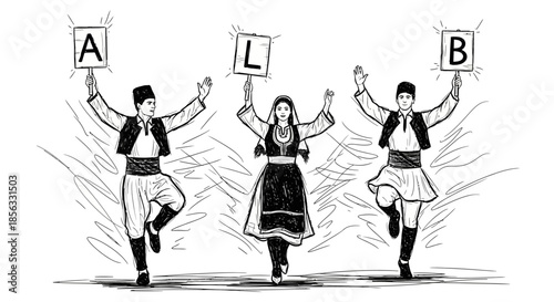 Traditional dancers in folk costumes holding letters representing Albania.