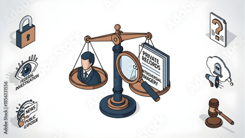 Concept of legal justice and personal privacy with scales of justice and icons representing investigation, documents, and privacy