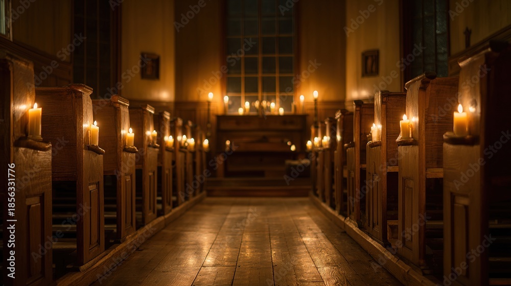 Fototapeta premium pews. Church interior with candlelight, empty wooden pews and warm golden peaceful atmosphere. event programs, museum guides, designed for cultural heritage projects and event programs.