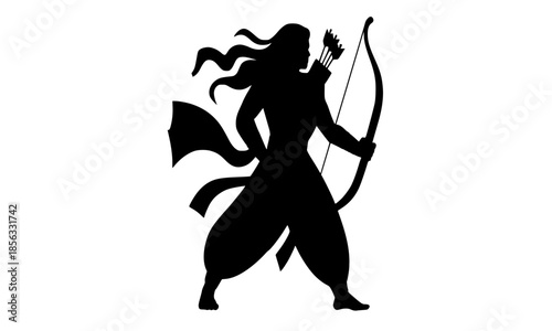 Black Silhouette of Dynamic Archer Warrior Aiming Bow and Arrow, Long Flowing Hair and Scarf in Action Pose, Ancient Indian Mythical Bowman Vector Illustration
