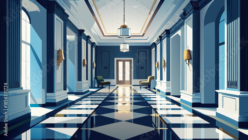 A long, luxurious hallway with a checkered black and white floor leads towards a distant ornate door, flanked by grand columns and large windows.