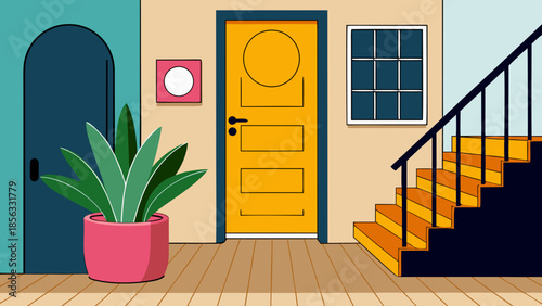 A minimalist and clean cartoon interior shows a bright yellow door next to a green potted plant and a blue arched doorway, with stairs ascending on the right.