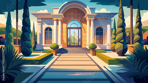A magnificent classical mansion with grand pillars and an arched entrance is surrounded by manicured gardens, tall cypress trees, and a inviting pathway under a clear sky.