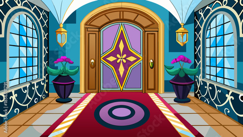 A whimsical and colorful cartoon entryway features a large purple decorative door at the center, flanked by two ornate windows and pink potted flowers.