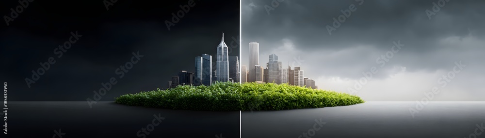 Fototapeta premium Magazine-style photograph depicting both risks and rewards of investing in emerging markets, divided composition with left side showing economic turmoil and right side showing prosperous growth,