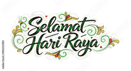 Selamat Hari Raya Calligraphy with Decorative Flourishes.