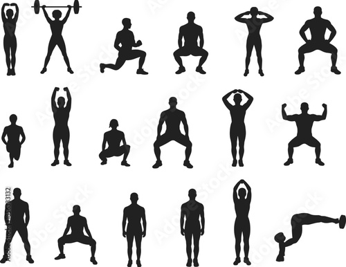 Black silhouette icons of people performing fitness exercises including weightlifting, squats, lunges, stretching and workout poses for health illustration