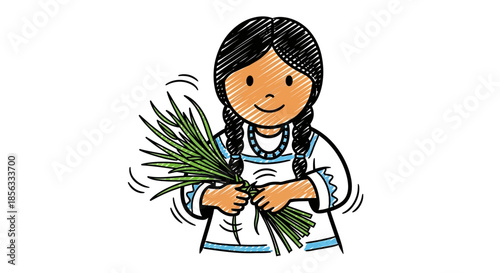 Young girl holding green plants smiling happily in the sunlight.