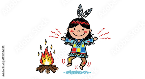 Native American Child Dancing Around Campfire Illustration.