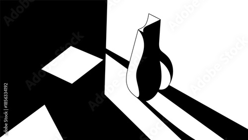 Abstract black and white illustration of a vase with contrasting light and shadow.