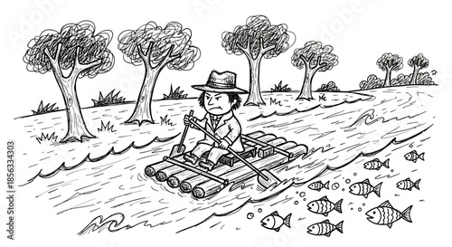 Man on a raft paddling down a river surrounded by fish.