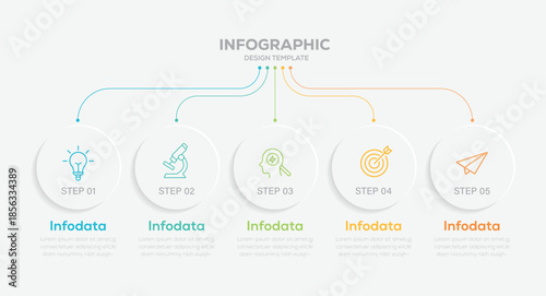 Modern business Infographic template. Timeline diagram with 5 options, steps or processes. Digital marketing data presentation chart Vector.
