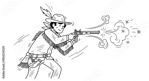 Cowboy firing a vintage pistol in a dynamic pose.